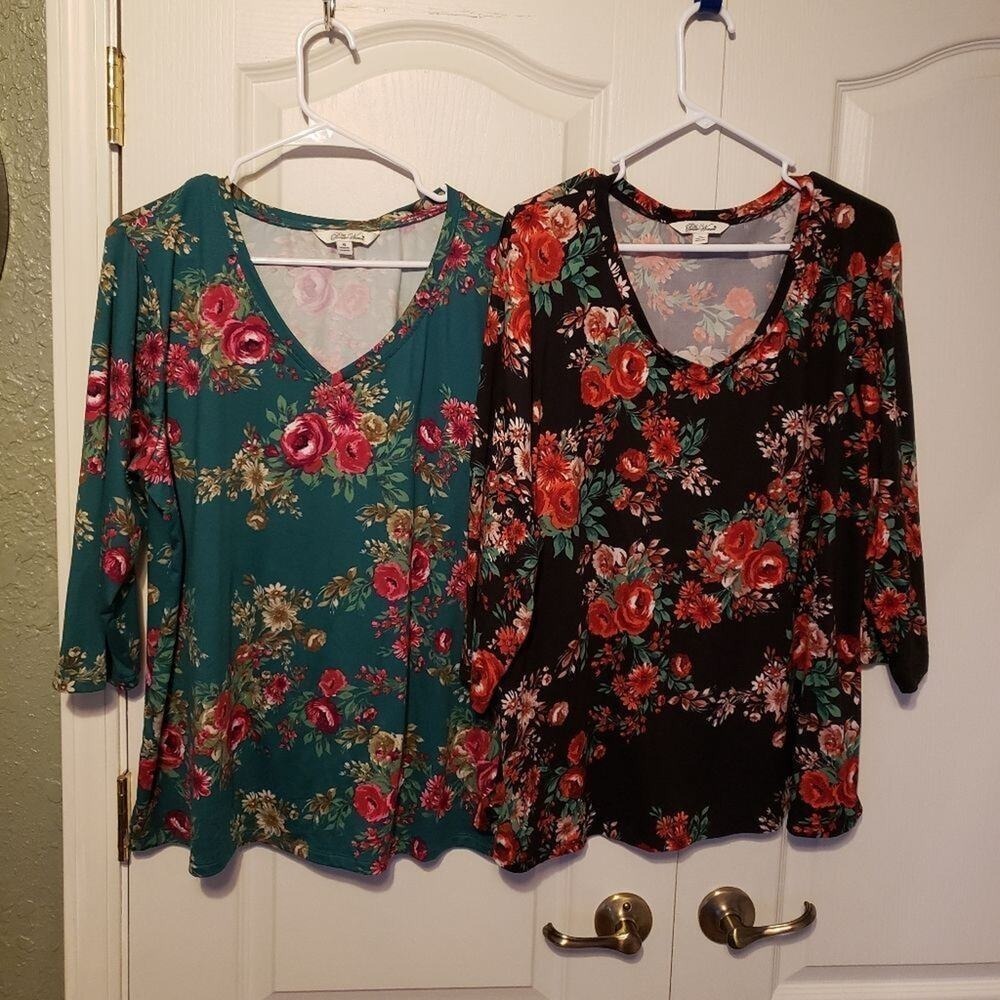The Pioneer Woman Floral V-Neck 3/4 Sleeve Knit Tops Set of 2 XL Teal Black Rose